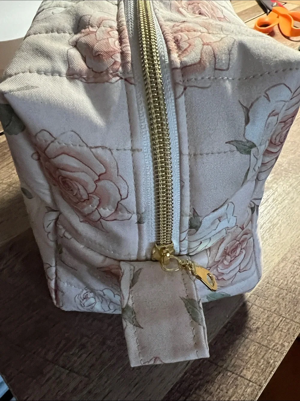 Floral Quilted Cosmetic Pouch in Blush Rose